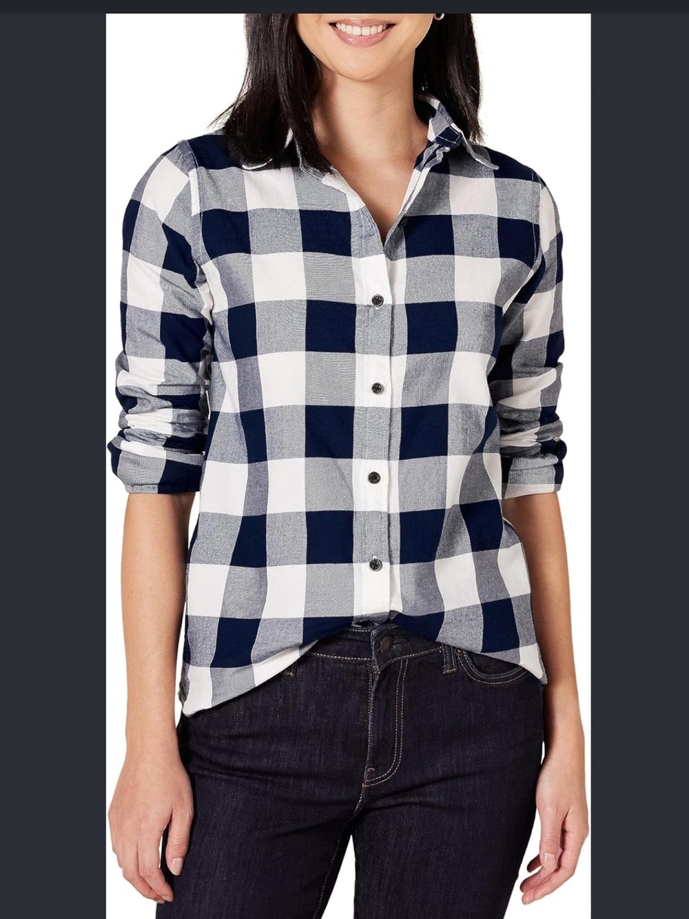 Cremieux Navy and White Buffalo Check Button-Down Blouse